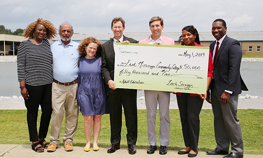 East Mississippi Community College’s received a $50,000 donation from 2nd Chance MS for the SOAR Program offered through the college’s Adult Education Launch Pad. Pictured at a ceremonial check presentation are, from left, EMCC Adult Education Launch Pad Assistant Director/Transition Specialist Mary Ann Latham, EMCC Vice President for Workforce and Community Services Dr. Raj Shaunak, 2nd Chance MS Director of Development Catti Beals, EMCC President Dr. Scott Alsobrooks, 2nd Chance MS Executive Director Zach Scruggs, EMCC Workforce Community Outreach Program Director Sha’Carla Petty, and EMCC Adult Education Launch Pad Director Dr. O’Neil Wright. East Mississippi Community College’s received a $50,000 donation from 2nd Chance MS for the SOAR Program offered through the college’s Adult Education Launch Pad. Pictured at a ceremonial check presentation are, from left, EMCC Adult Education Launch Pad Assistant Director/Transition Specialist Mary Ann Latham, EMCC Vice President for Workforce and Community Services Dr. Raj Shaunak, 2nd Chance MS Director of Development Catti Beals, EMCC President Dr. Scott Alsobrooks, 2nd Chance MS Executive Director Zach Scruggs, EMCC Workforce Community Outreach Program Director Sha’Carla Petty, and EMCC Adult Education Launch Pad Director Dr. O’Neil Wright.